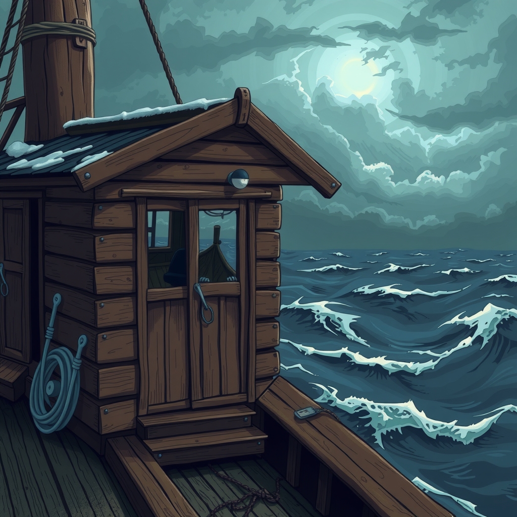 wooden ship cabin with ocean view behind storm by मुफ्त एआई छवि जनरेटर - बिना लॉगिन के✨ | AIGAZOU