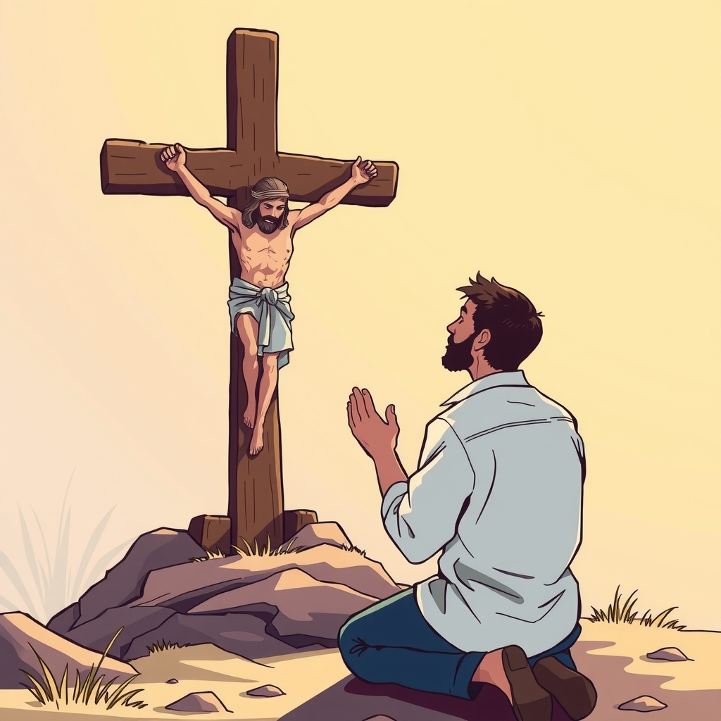 man kneels before cross praying to jesus by मुफ्त एआई छवि जनरेटर - बिना लॉगिन के✨ | AIGAZOU