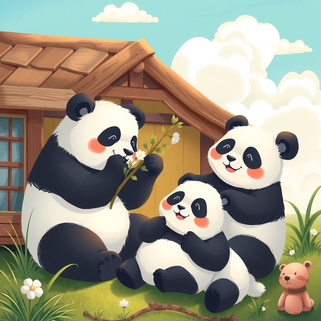 a warm home with three pandas playing by मुफ्त एआई छवि जनरेटर - बिना लॉगिन के✨ | AIGAZOU