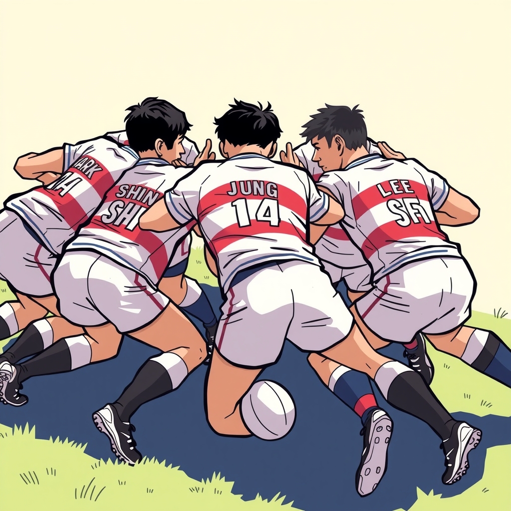 rugby scrum players park shin jung kim lee sim by मुफ्त एआई छवि जनरेटर - बिना लॉगिन के✨ | AIGAZOU