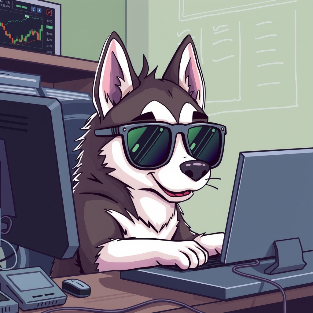 a husky with sunglasses sitting at a computer trading forex by मुफ्त एआई छवि जनरेटर - बिना लॉगिन के✨ | AIGAZOU