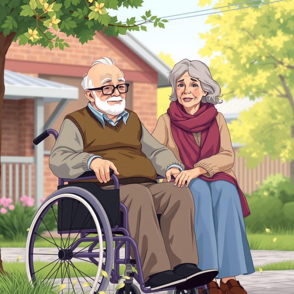 a man in a wheelchair with his wife by मुफ्त एआई छवि जनरेटर - बिना लॉगिन के✨ | AIGAZOU