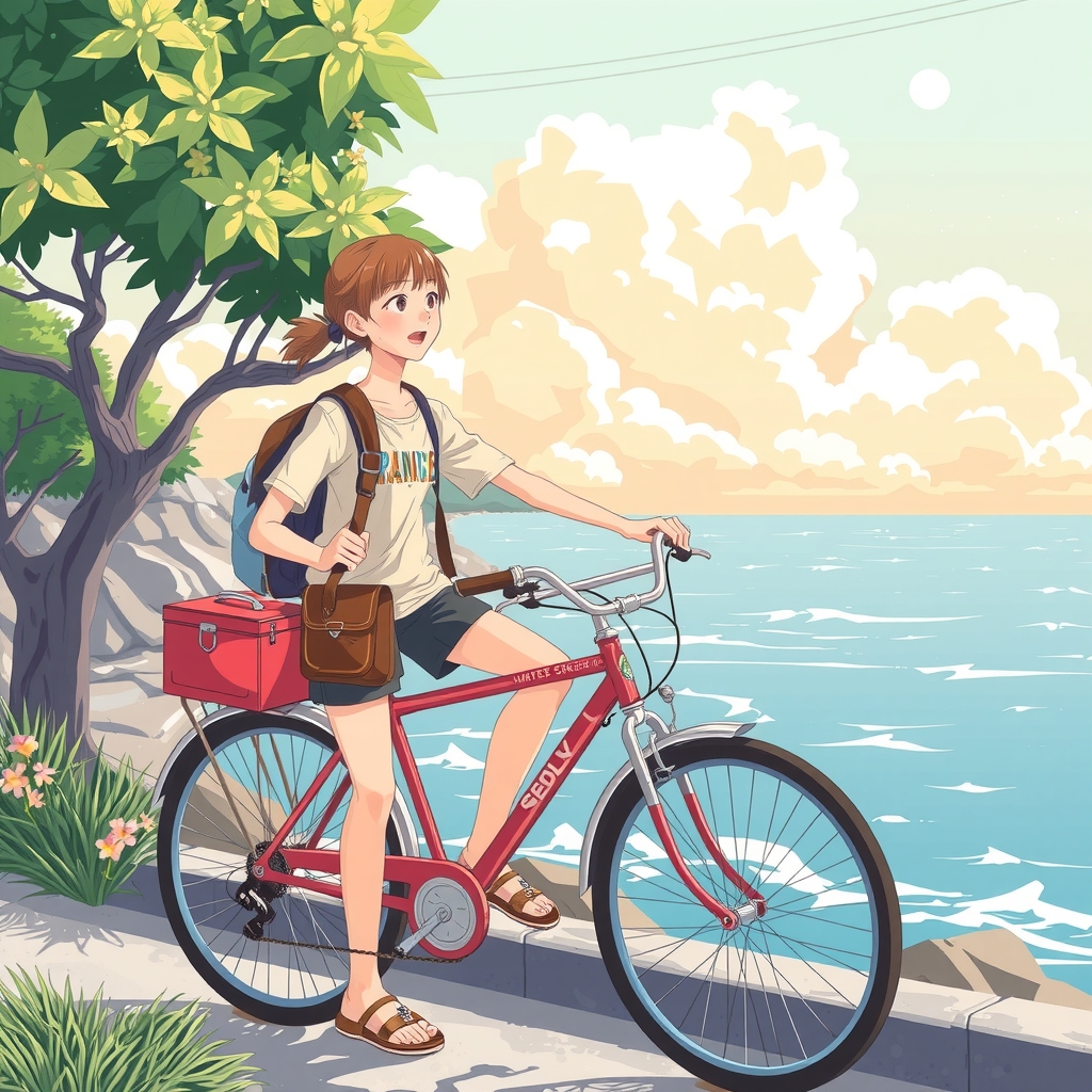 summer high school student bicycle sea by Générateur d'images par IA gratuit - Aucune connexion nécessaire✨ | AIGAZOU