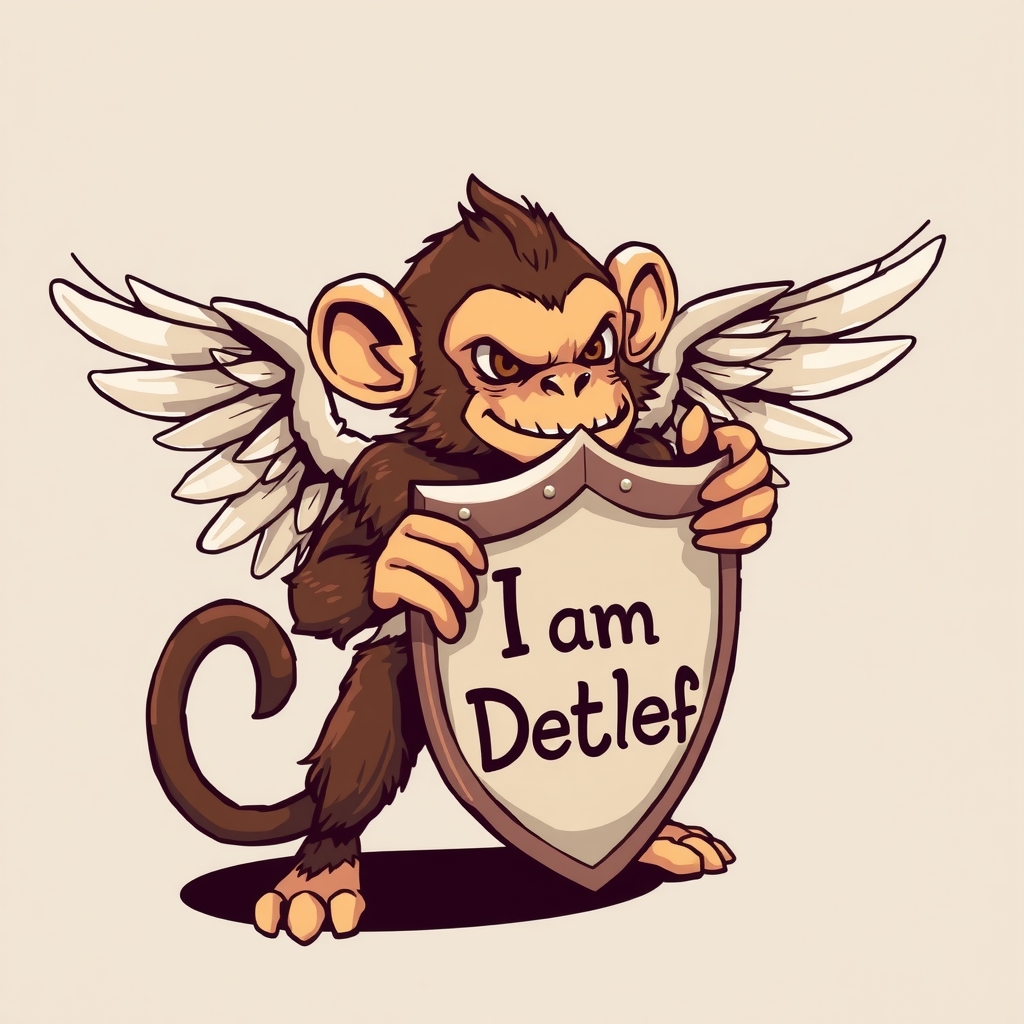 a flying monkey with a sign saying i am detlef by मुफ्त एआई छवि जनरेटर - बिना लॉगिन के✨ | AIGAZOU