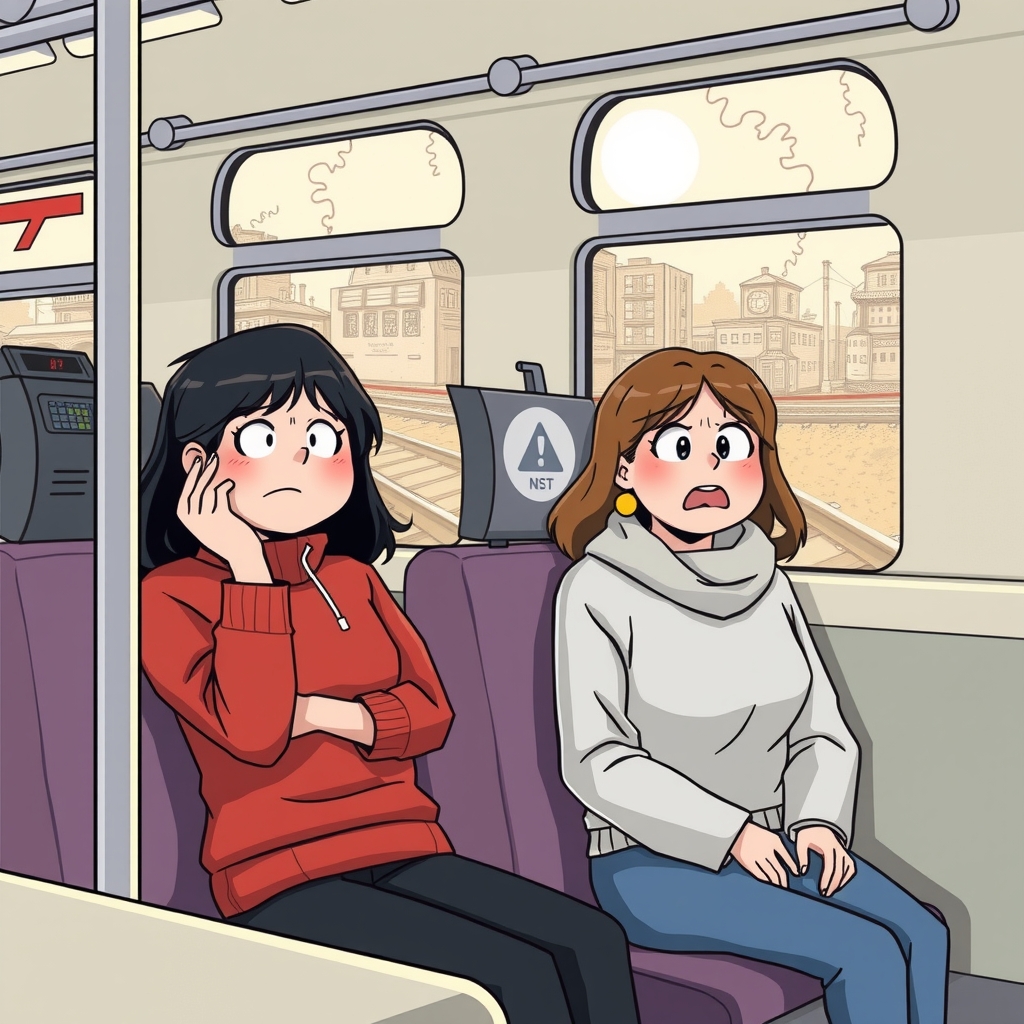 two women sitting on a train afraid of earthquake by 免费AI图像生成工具 | AIGAZOU