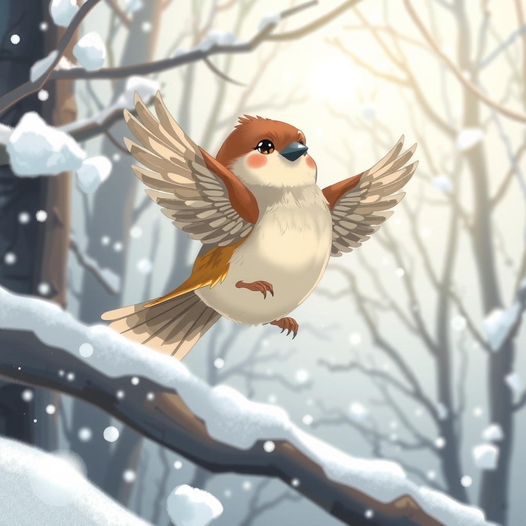 a cute sparrow flapping in a snowy forest by मुफ्त एआई छवि जनरेटर - बिना लॉगिन के✨ | AIGAZOU