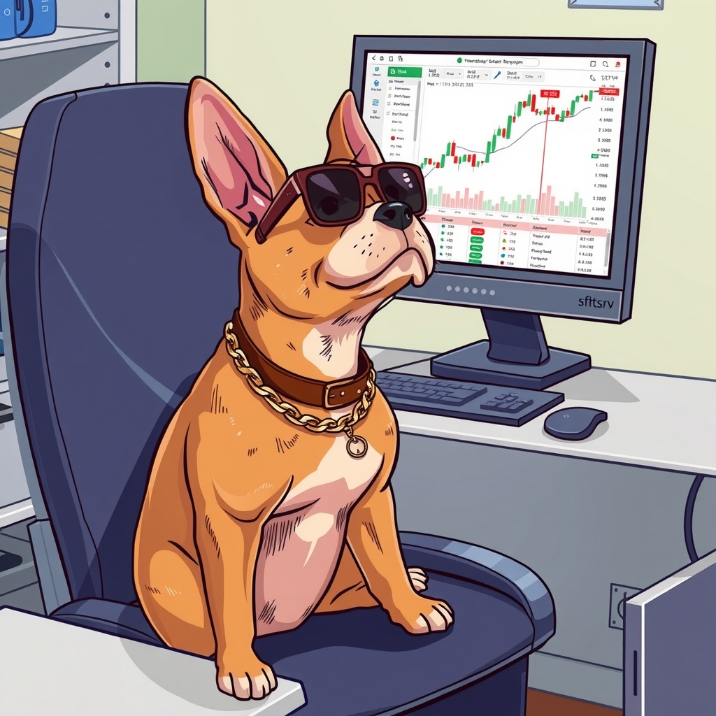 a dog with sunglasses sitting on a chair near a computer showing forex trading by Générateur d'images par IA gratuit - Aucune connexion nécessaire✨ | AIGAZOU