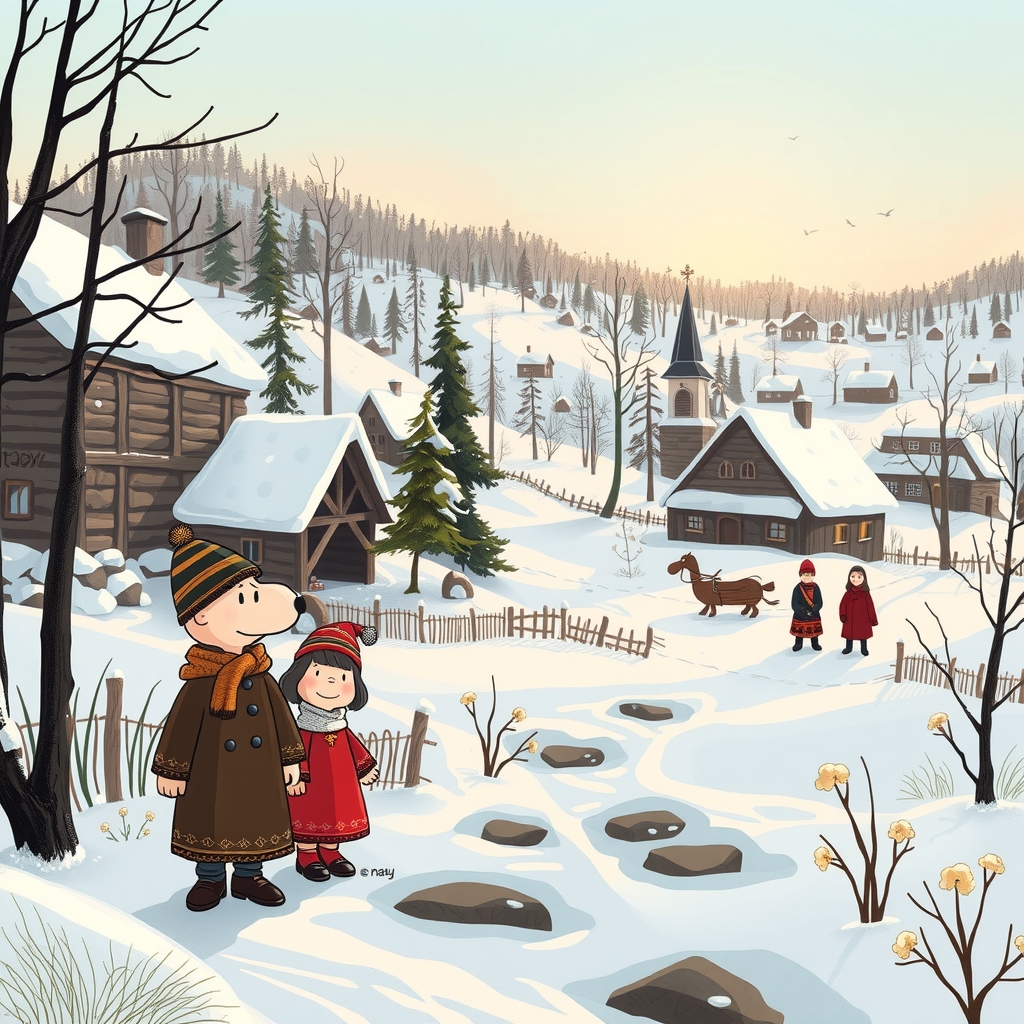 winter landscape slavic village snoopy by मुफ्त एआई छवि जनरेटर - बिना लॉगिन के✨ | AIGAZOU