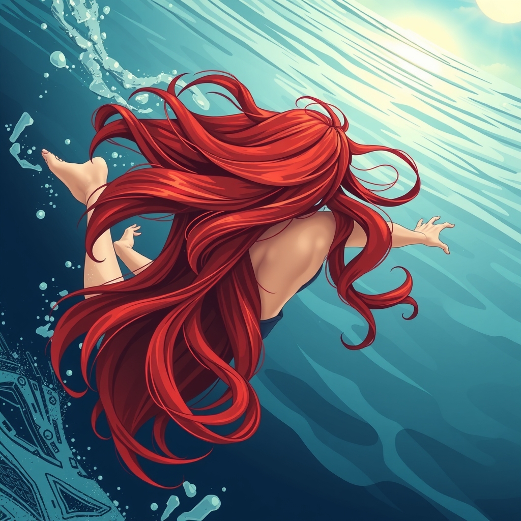 a realistic style image of a red haired woman diving into the sea by मुफ्त एआई छवि जनरेटर - बिना लॉगिन के✨ | AIGAZOU