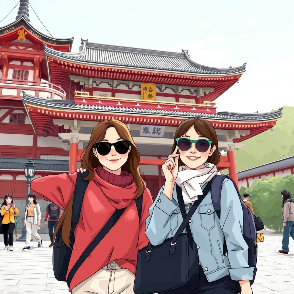 two foreign female tourists visiting famous japanese temple by मुफ्त एआई छवि जनरेटर - बिना लॉगिन के✨ | AIGAZOU