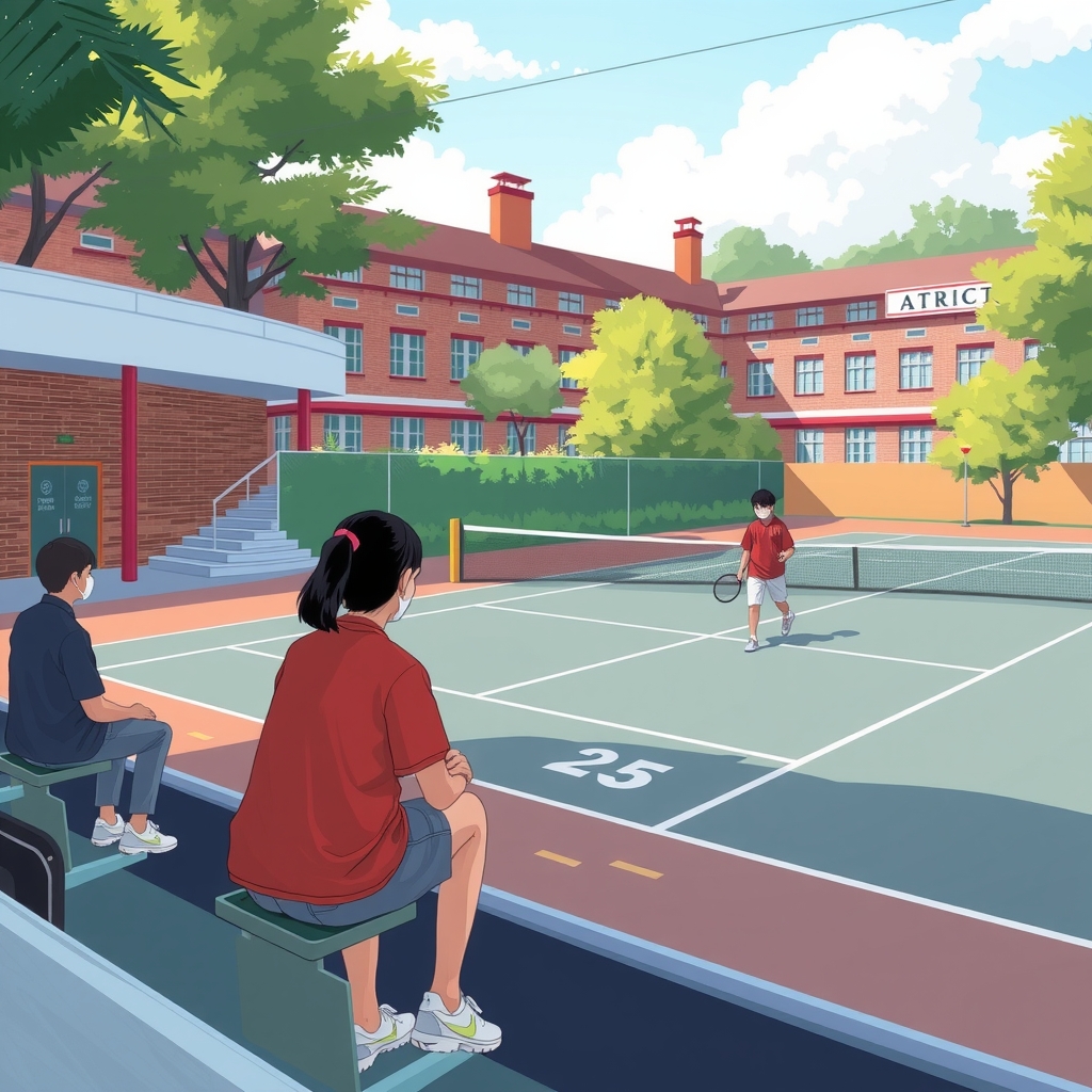 a tennis court at a college with two people practicing by मुफ्त एआई छवि जनरेटर - बिना लॉगिन के✨ | AIGAZOU