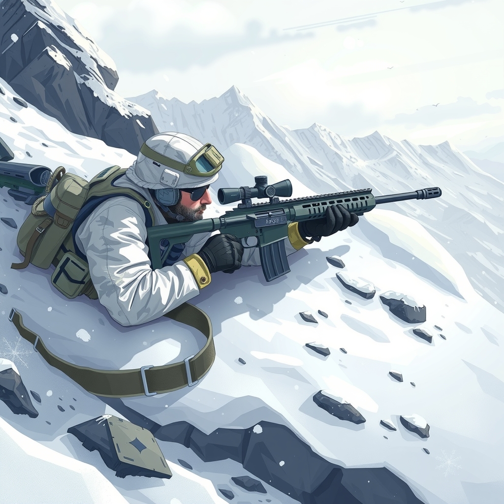 sniper soldier lies in snow in mountains by मुफ्त एआई छवि जनरेटर - बिना लॉगिन के✨ | AIGAZOU