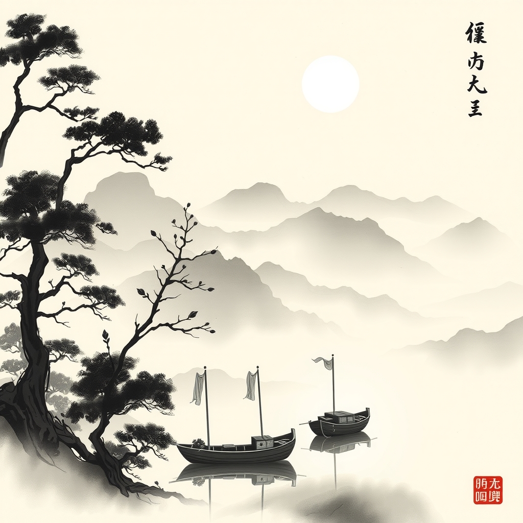 chinese ink landscape painting distant mountains nearby boats by मुफ्त एआई छवि जनरेटर - बिना लॉगिन के✨ | AIGAZOU