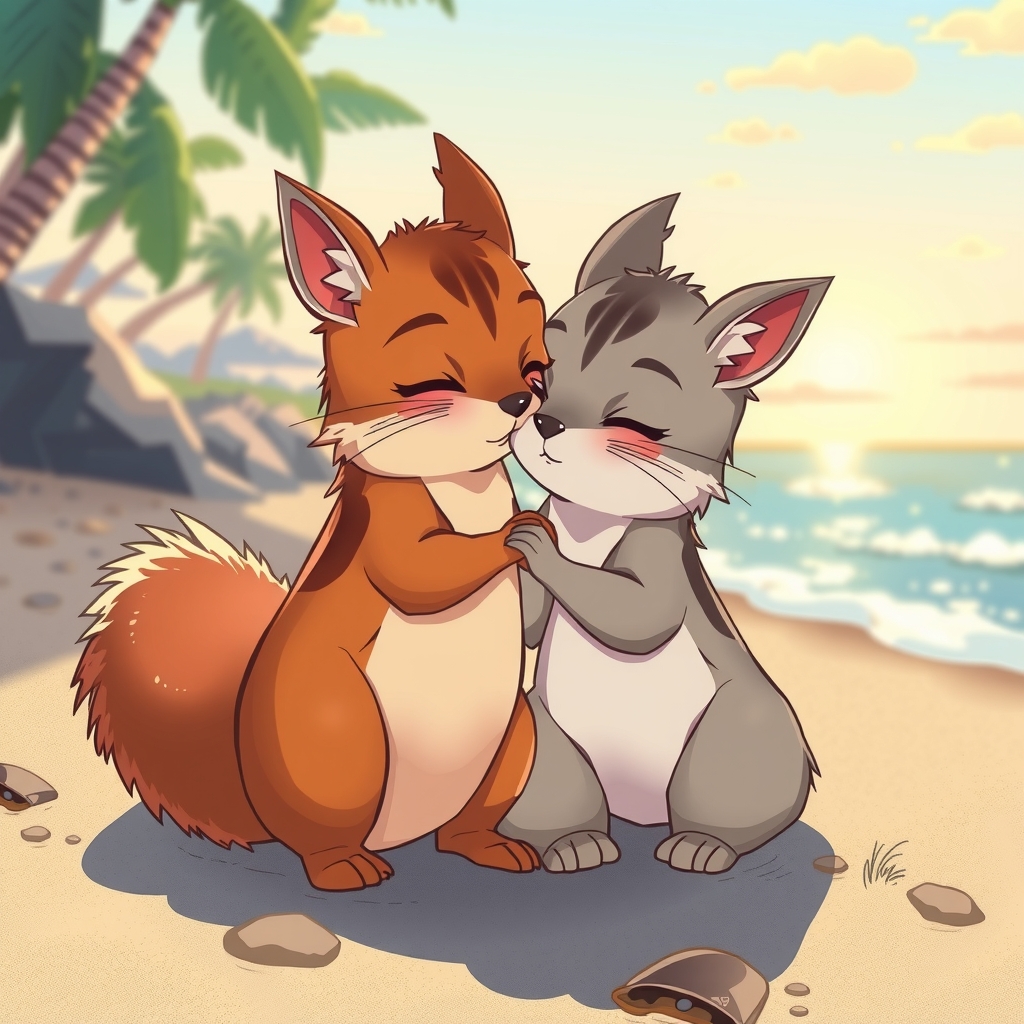 two squirrels in love cuddling on the beach by मुफ्त एआई छवि जनरेटर - बिना लॉगिन के✨ | AIGAZOU