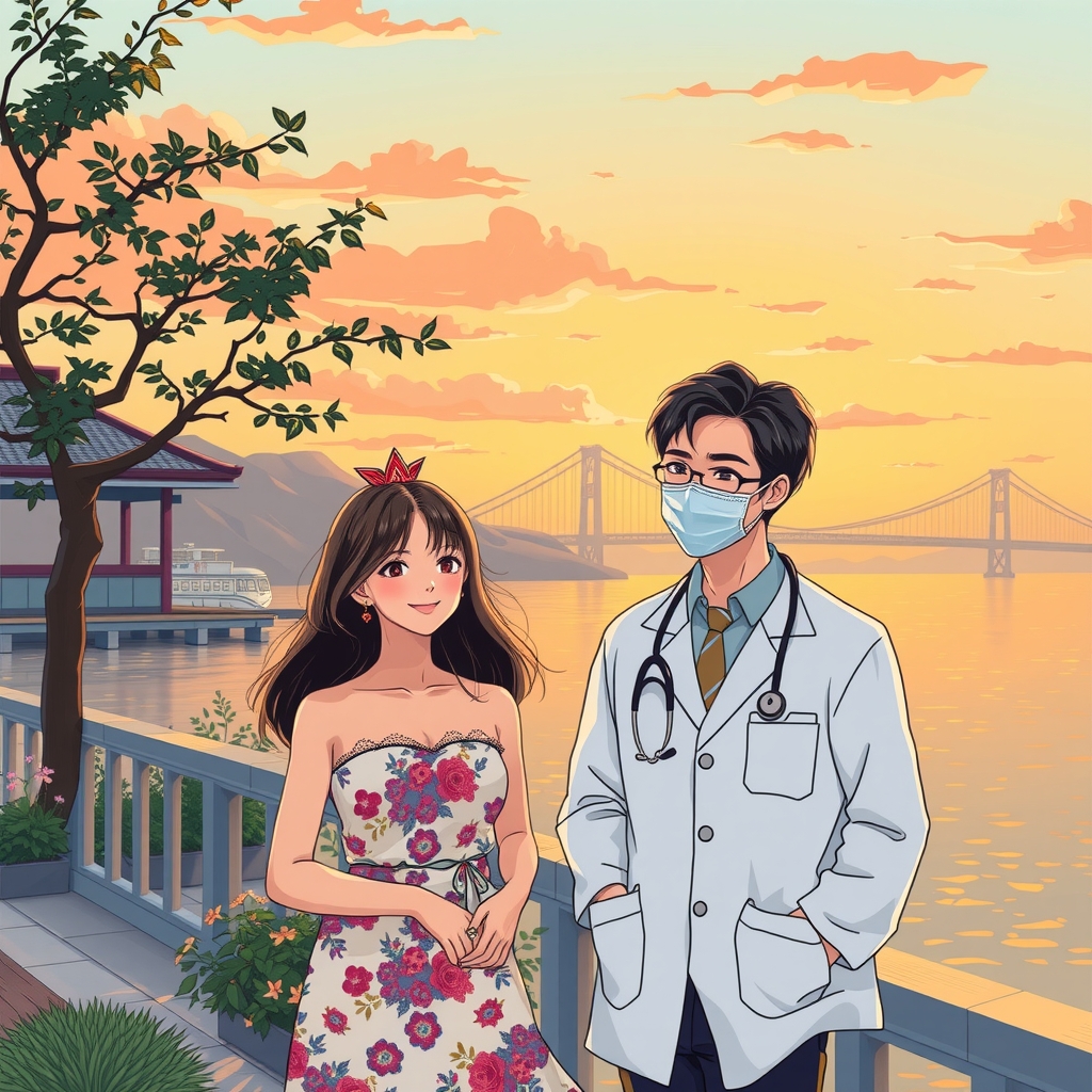 summer men women sunset kitakyushu bridge doctor by मुफ्त एआई छवि जनरेटर - बिना लॉगिन के✨ | AIGAZOU