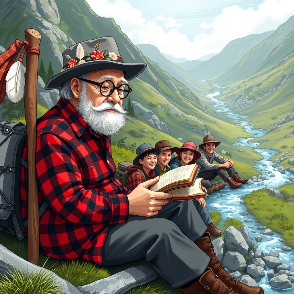 elderly mountain man with red and black checkered shirt round glasses gray hat adorned with flowers and long white feathers by मुफ्त एआई छवि जनरेटर - बिना लॉगिन के✨ | AIGAZOU