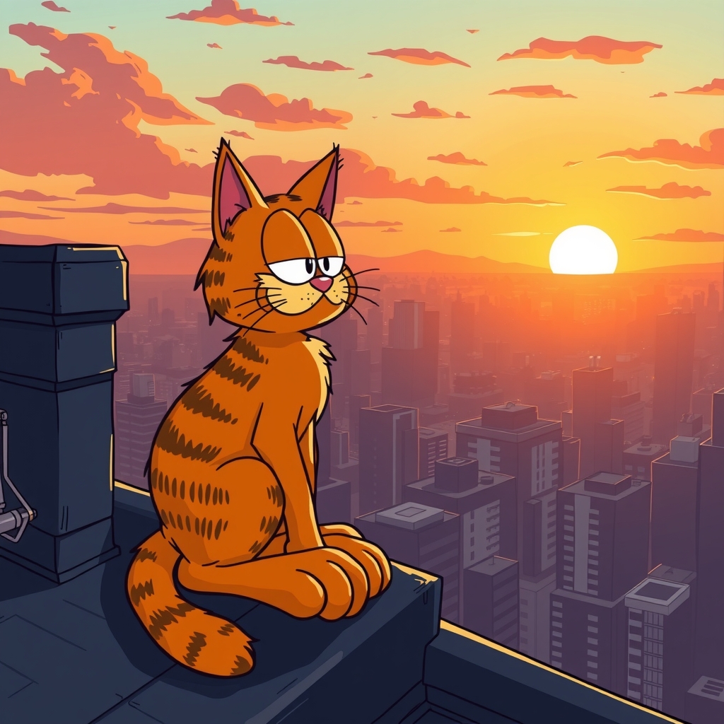 a garfield cat sits on the eaves watching the city by मुफ्त एआई छवि जनरेटर - बिना लॉगिन के✨ | AIGAZOU