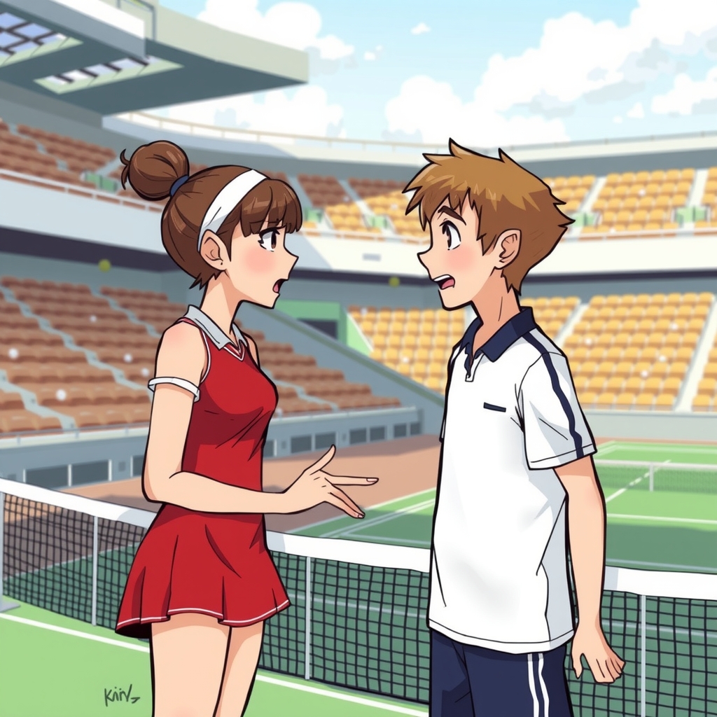 girl in red and boy in white argue at tennis court by मुफ्त एआई छवि जनरेटर - बिना लॉगिन के✨ | AIGAZOU