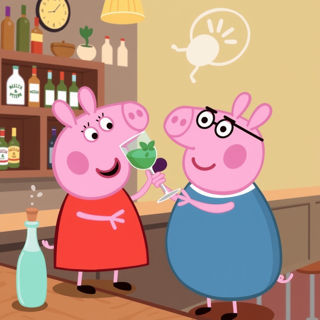 peppa pig drinking a glass at a bar by मुफ्त एआई छवि जनरेटर - बिना लॉगिन के✨ | AIGAZOU