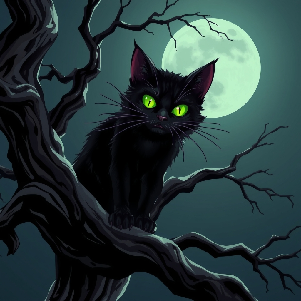 a spooky black cat with green eyes on a creepy tree at night by मुफ्त एआई छवि जनरेटर - बिना लॉगिन के✨ | AIGAZOU