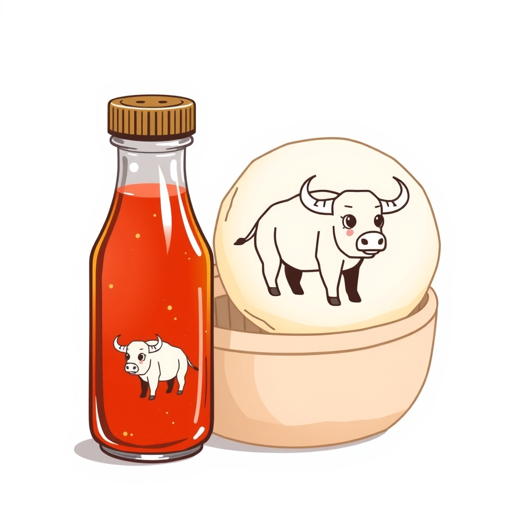 simple yellow ox pattern steamed bun and chili sauce bottle by मुफ्त एआई छवि जनरेटर - बिना लॉगिन के✨ | AIGAZOU