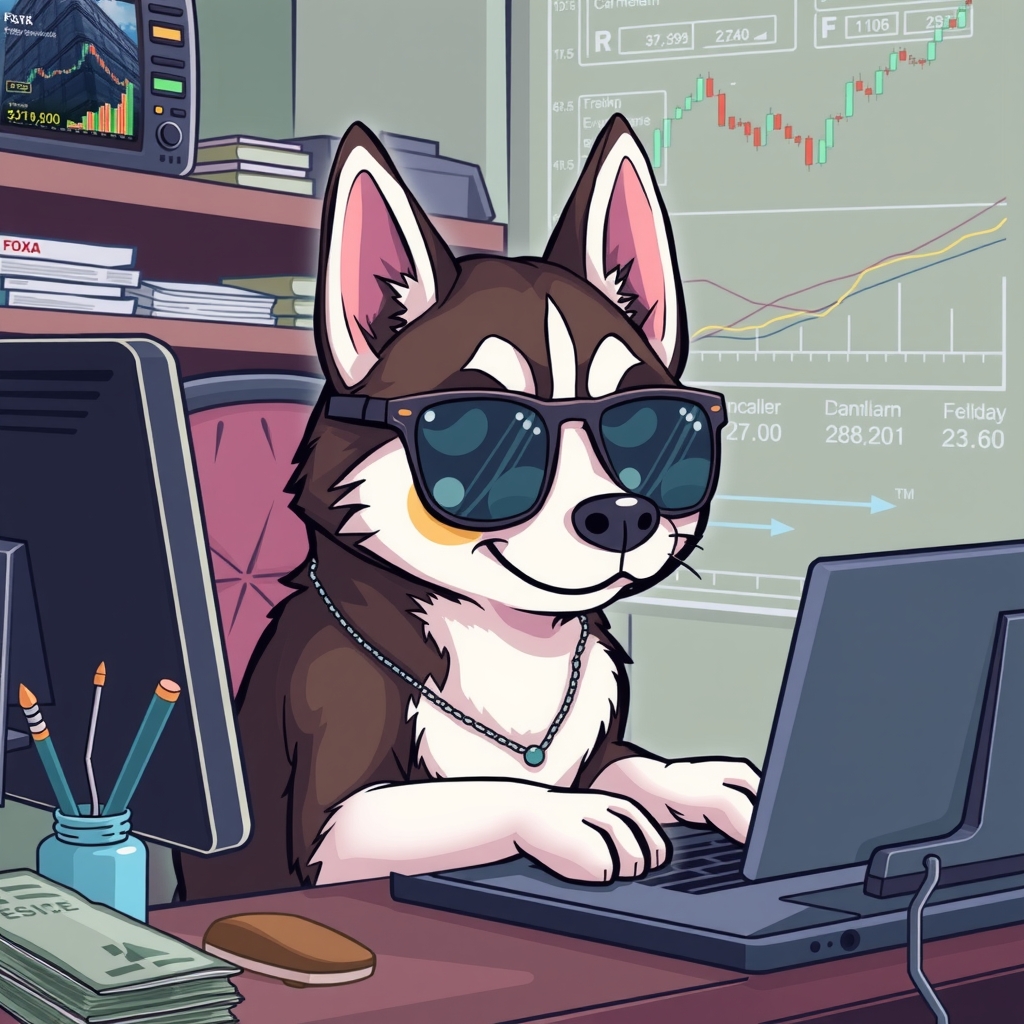 a husky with sunglasses trading forex at computer by 免费AI图像生成工具 | AIGAZOU