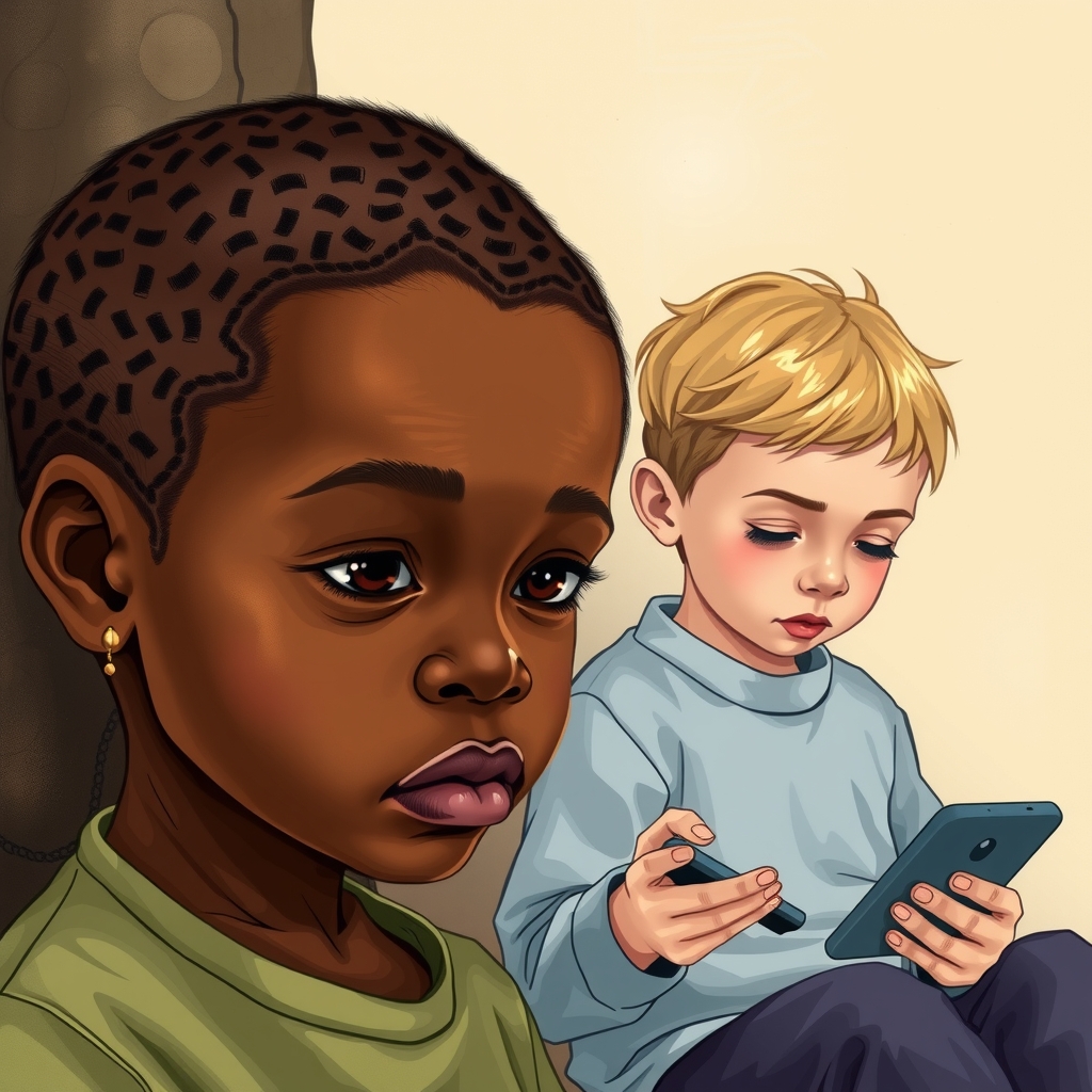 african poor child next to european rich child with smartphone by Générateur d'images par IA gratuit - Aucune connexion nécessaire✨ | AIGAZOU