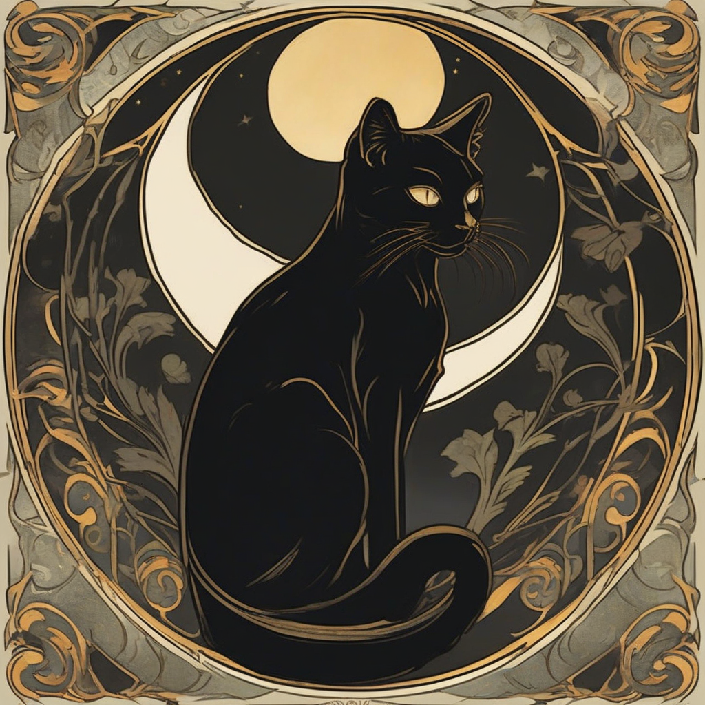 alfons mucha style black cat and crescent moon by मुफ्त एआई छवि जनरेटर - बिना लॉगिन के✨ | AIGAZOU