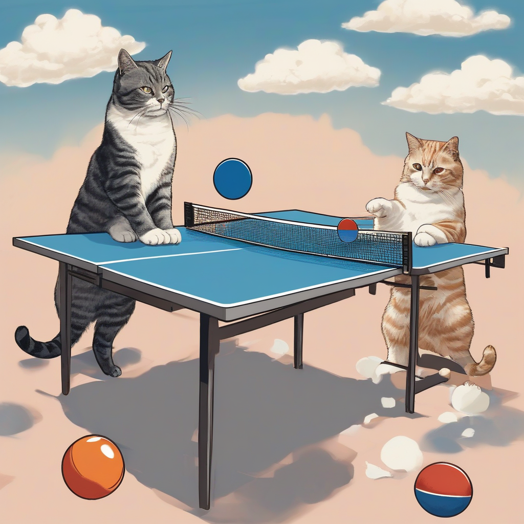 two cats playing ping pong under blue sky by मुफ्त एआई छवि जनरेटर - बिना लॉगिन के✨ | AIGAZOU