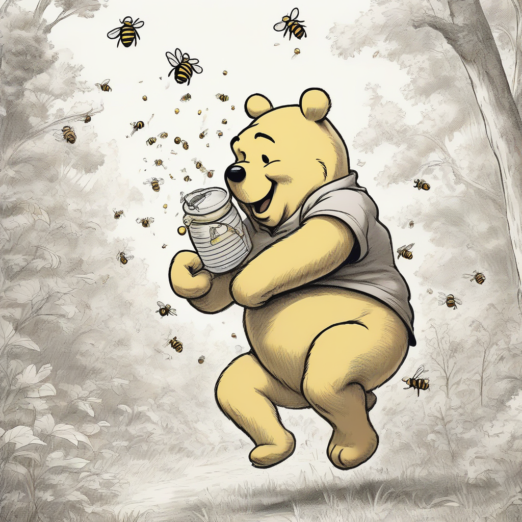 a winnie the pooh style bear eating honey chased by bees by मुफ्त एआई छवि जनरेटर - बिना लॉगिन के✨ | AIGAZOU