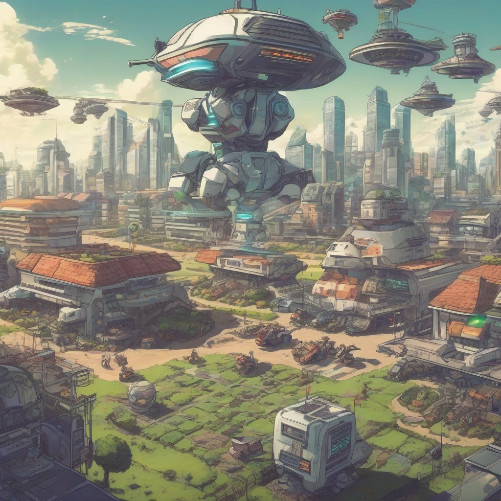 future city scene anime robots flying vehicles fields aliens working together by मुफ्त एआई छवि जनरेटर - बिना लॉगिन के✨ | AIGAZOU