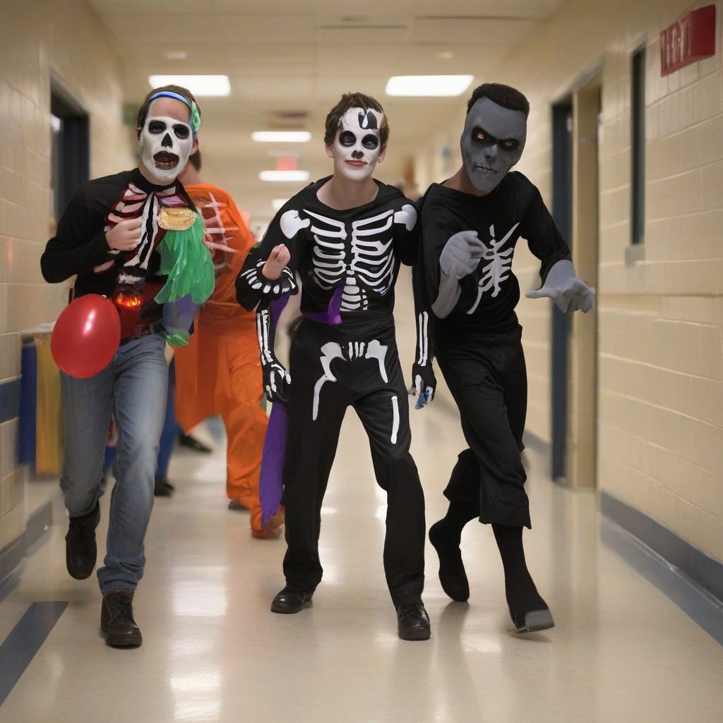 halloween party at school with costumed students by मुफ्त एआई छवि जनरेटर - बिना लॉगिन के✨ | AIGAZOU