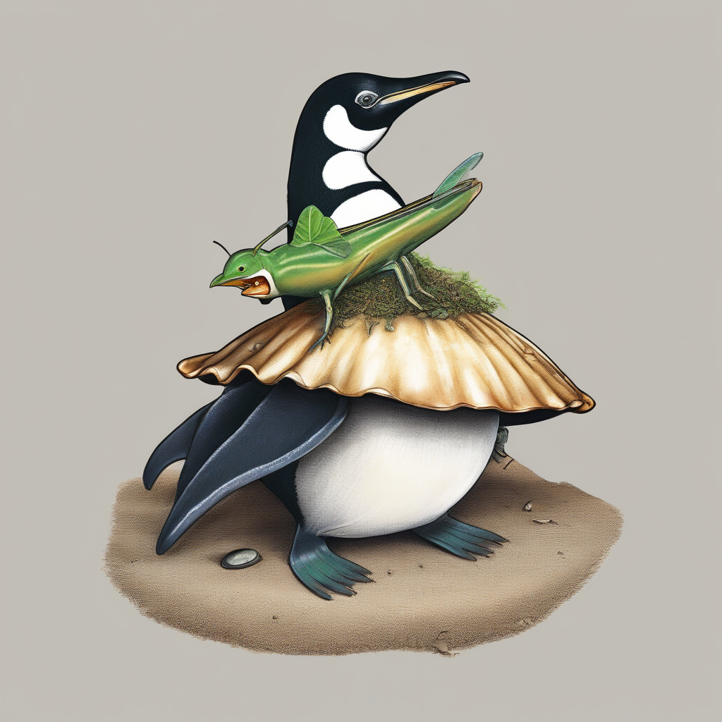 a penguin sitting on a shell with a grasshopper on its head by मुफ्त एआई छवि जनरेटर - बिना लॉगिन के✨ | AIGAZOU