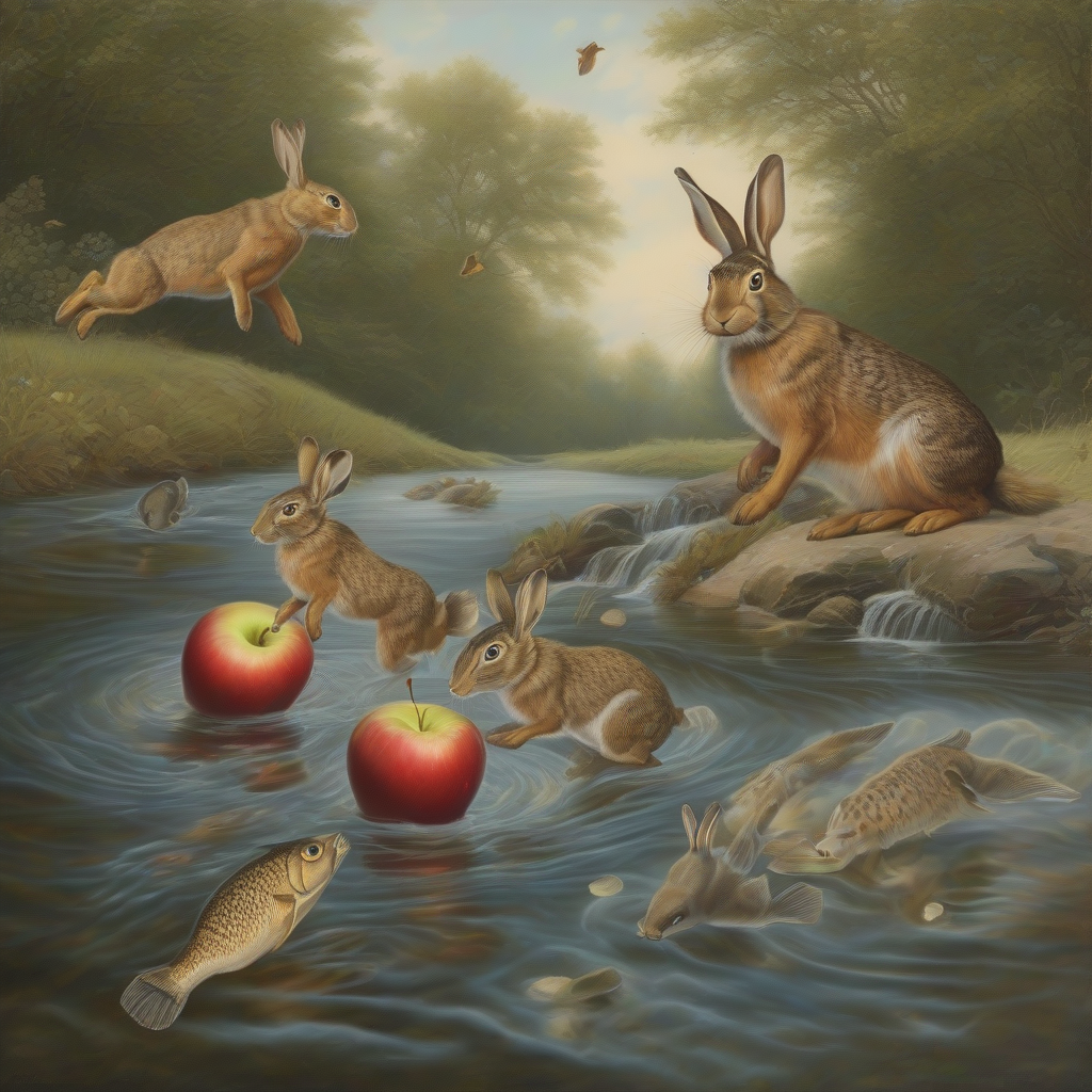 two fish and five rabbits chase an apple in the stream by मुफ्त एआई छवि जनरेटर - बिना लॉगिन के✨ | AIGAZOU