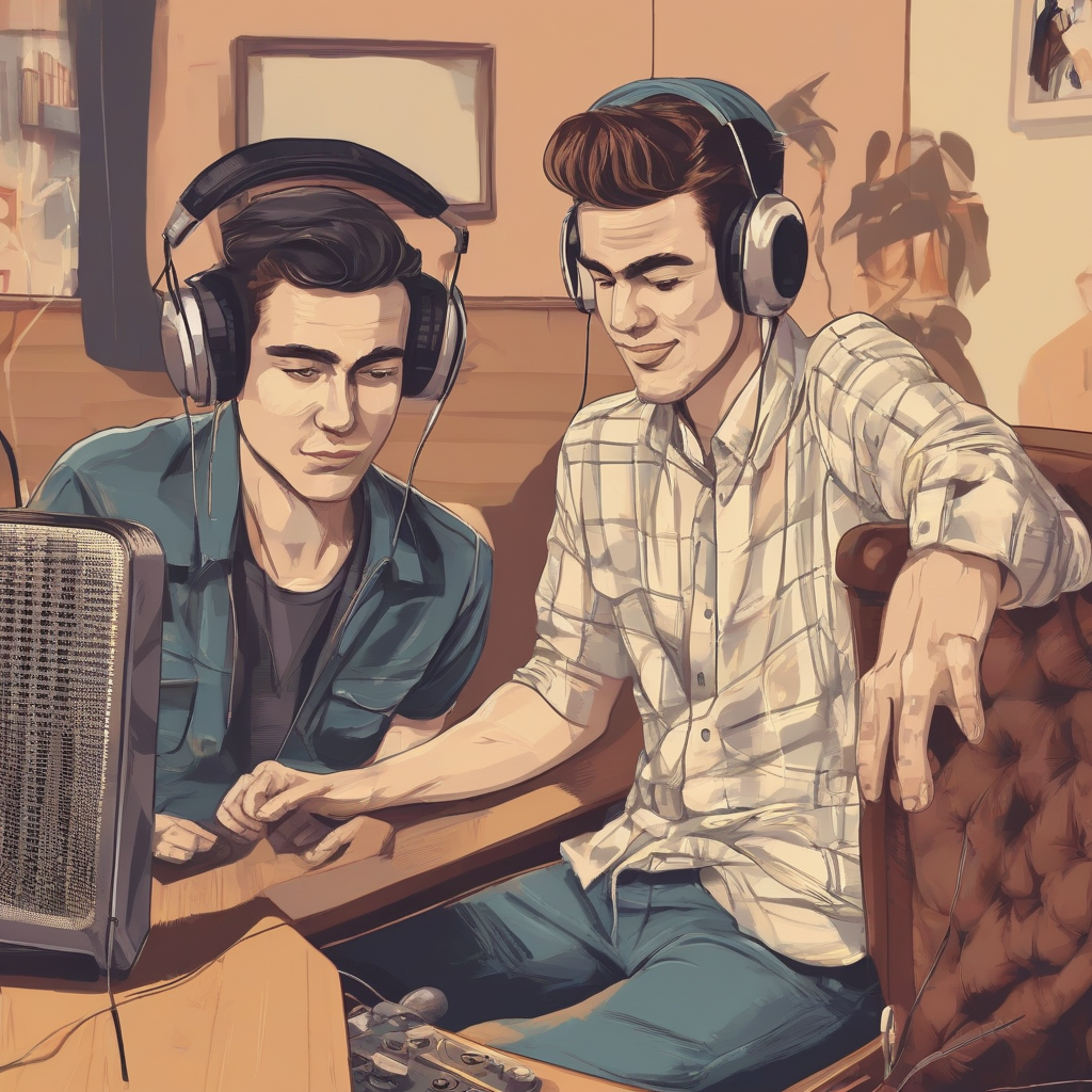 two young men listening to radio in room by Générateur d'images par IA gratuit - Aucune connexion nécessaire✨ | AIGAZOU