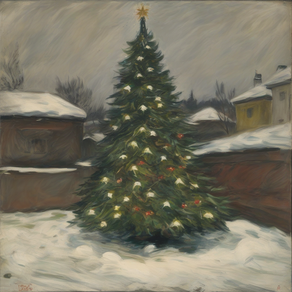 a christmas tree decorated and placed in a winter garden rough brushstrokes around 1918 by मुफ्त एआई छवि जनरेटर - बिना लॉगिन के✨ | AIGAZOU