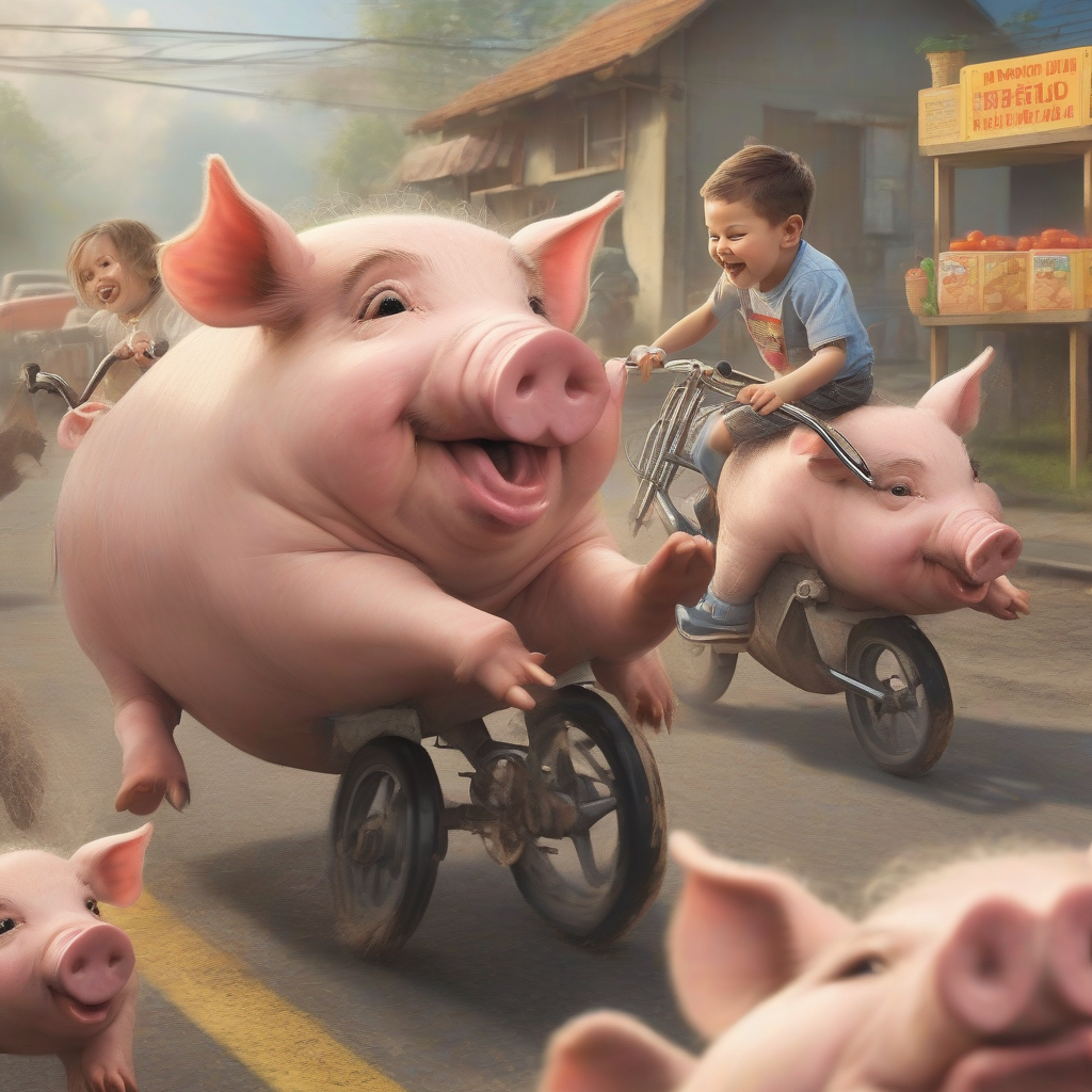 kids riding pigs drinking spaghetti sauce by मुफ्त एआई छवि जनरेटर - बिना लॉगिन के✨ | AIGAZOU