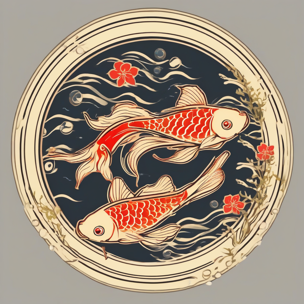 logo circular large goldfish yellow red two ripples japanese style water plants frame by मुफ्त एआई छवि जनरेटर - बिना लॉगिन के✨ | AIGAZOU