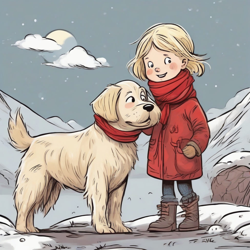 little blond girl red scarf explores world dog comic by मुफ्त एआई छवि जनरेटर - बिना लॉगिन के✨ | AIGAZOU