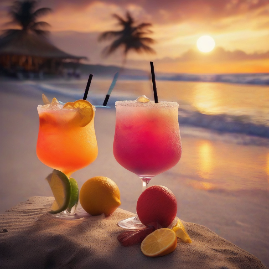 a beautiful sunset on the beach with cocktails by Générateur d'images par IA gratuit - Aucune connexion nécessaire✨ | AIGAZOU