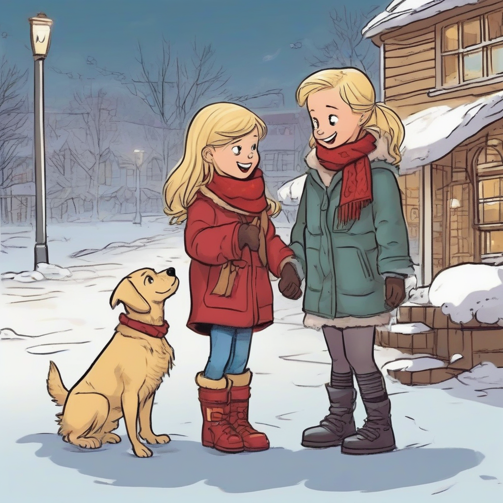 little blond girl red scarf warm clothing with her dog meets dark haired girl friend comic by मुफ्त एआई छवि जनरेटर - बिना लॉगिन के✨ | AIGAZOU