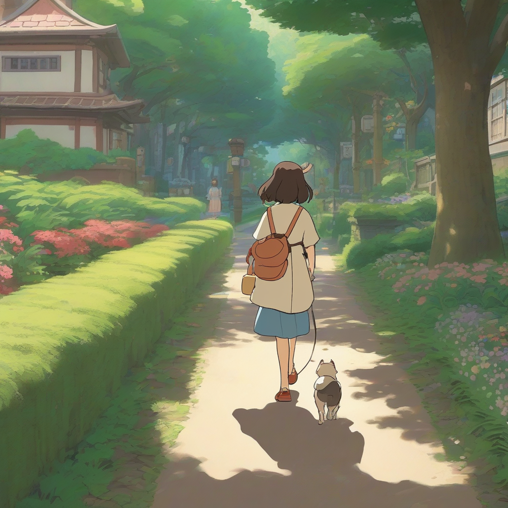 a girl walking in a studio ghibli style park with a small dog by मुफ्त एआई छवि जनरेटर - बिना लॉगिन के✨ | AIGAZOU