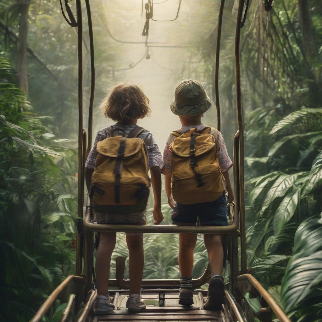 two children riding a cart in the jungle by मुफ्त एआई छवि जनरेटर - बिना लॉगिन के✨ | AIGAZOU