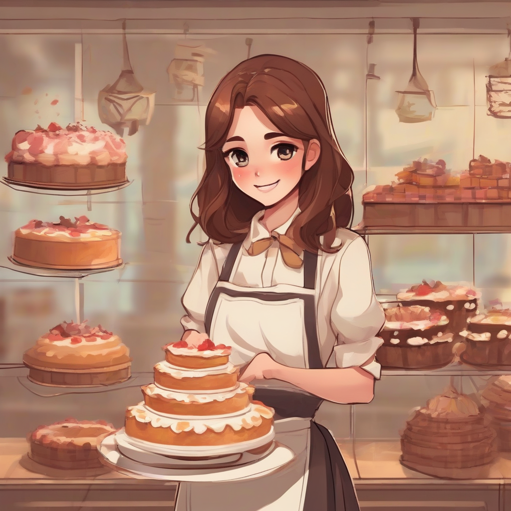 brown haired girl in bakery with apron by मुफ्त एआई छवि जनरेटर - बिना लॉगिन के✨ | AIGAZOU