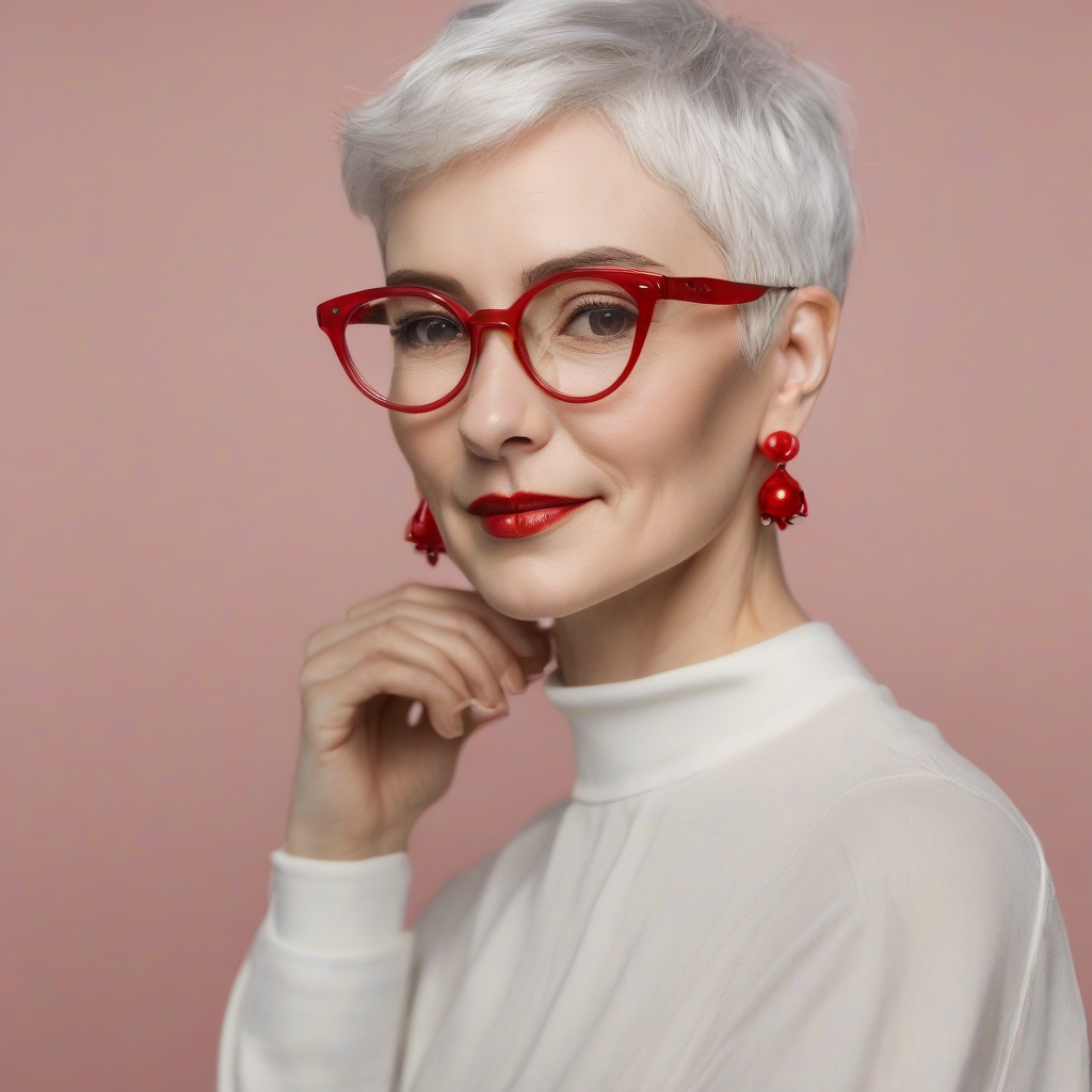 woman with white skin tone short white hair red glasses and earrings by मुफ्त एआई छवि जनरेटर - बिना लॉगिन के✨ | AIGAZOU