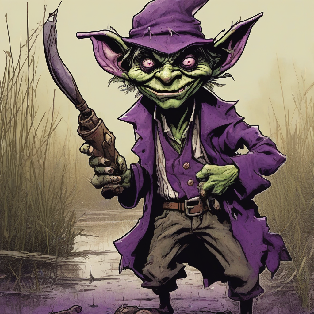 a mischievous goblin named shooter manages a shady business in a violet hued swamp by Générateur d'images par IA gratuit - Aucune connexion nécessaire✨ | AIGAZOU