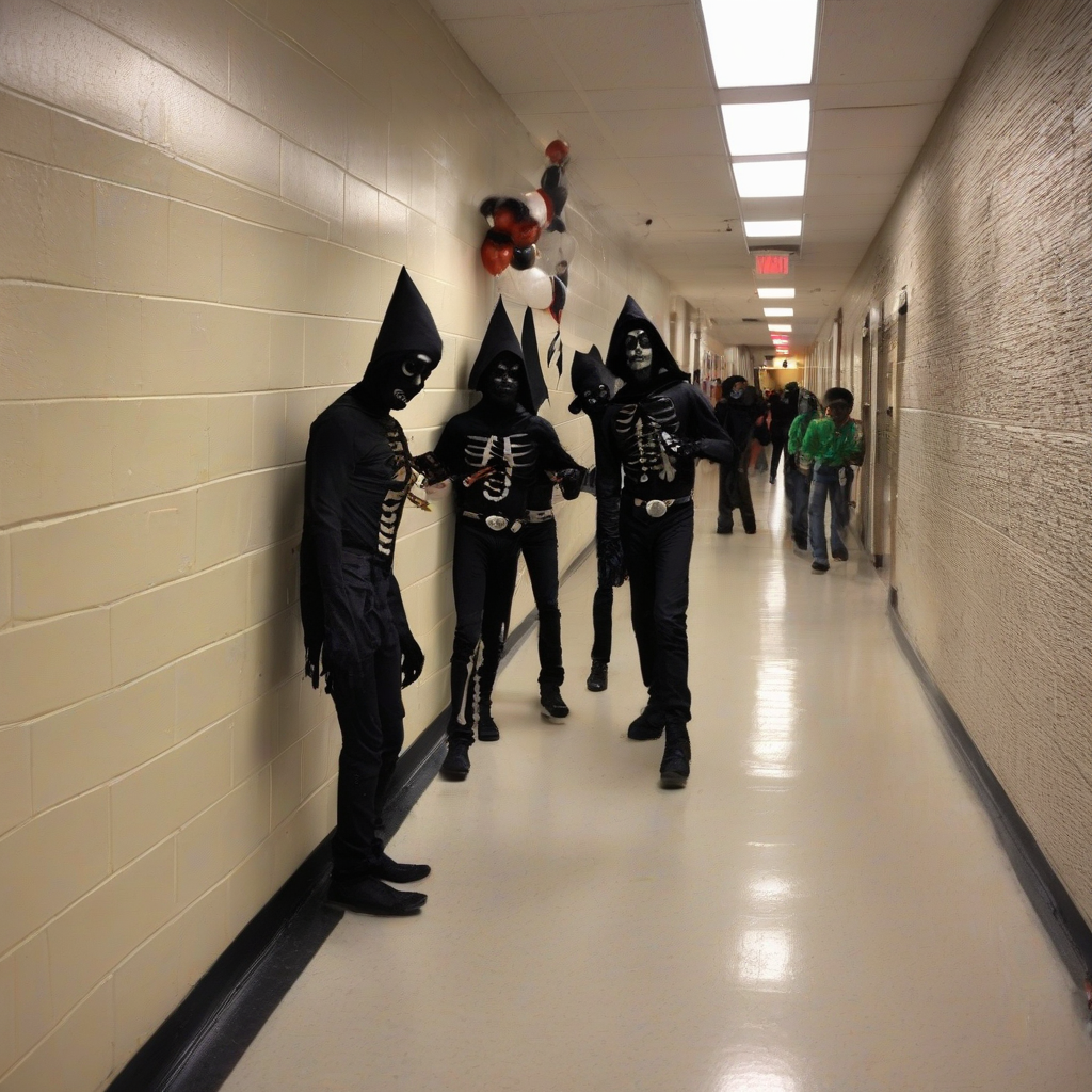 halloween party at high school with costumed students by मुफ्त एआई छवि जनरेटर - बिना लॉगिन के✨ | AIGAZOU