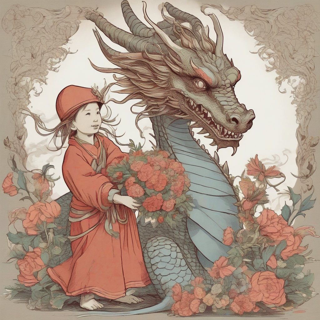 young child with bouquet held by dragon by 免费AI图像生成工具 | AIGAZOU