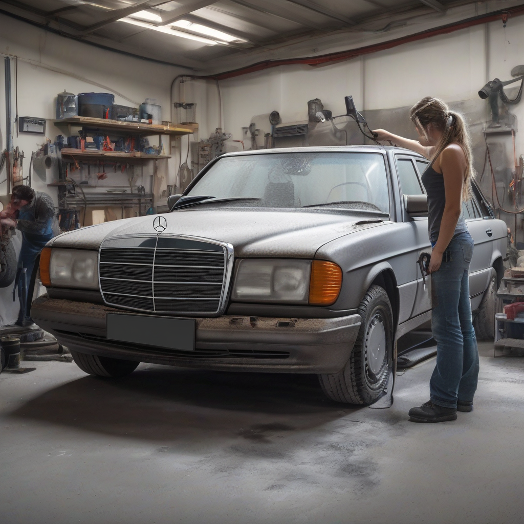 sandblasting mercedes w124 workshop hot woman by Générateur d'images par IA gratuit - Aucune connexion nécessaire✨ | AIGAZOU