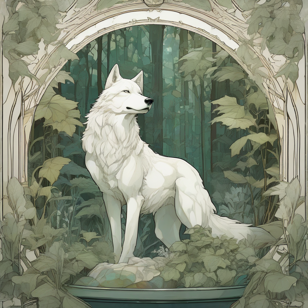 a white wolf in a forest aquarium in the style of alfons mucha by मुफ्त एआई छवि जनरेटर - बिना लॉगिन के✨ | AIGAZOU